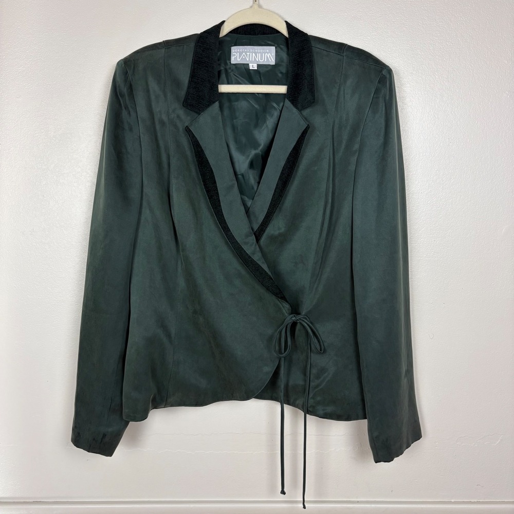 Dorothy Schoelen Platinum Vtg Wrap Jacket Blazer Size L Dark Green Chenille Trim - Picture 11 of 13
